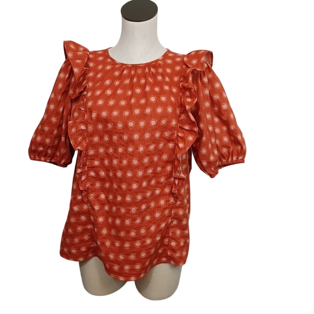 Universal Thread Womens Orange Sunburst Ruffle Puff Sleeve Cotton Blouse Small